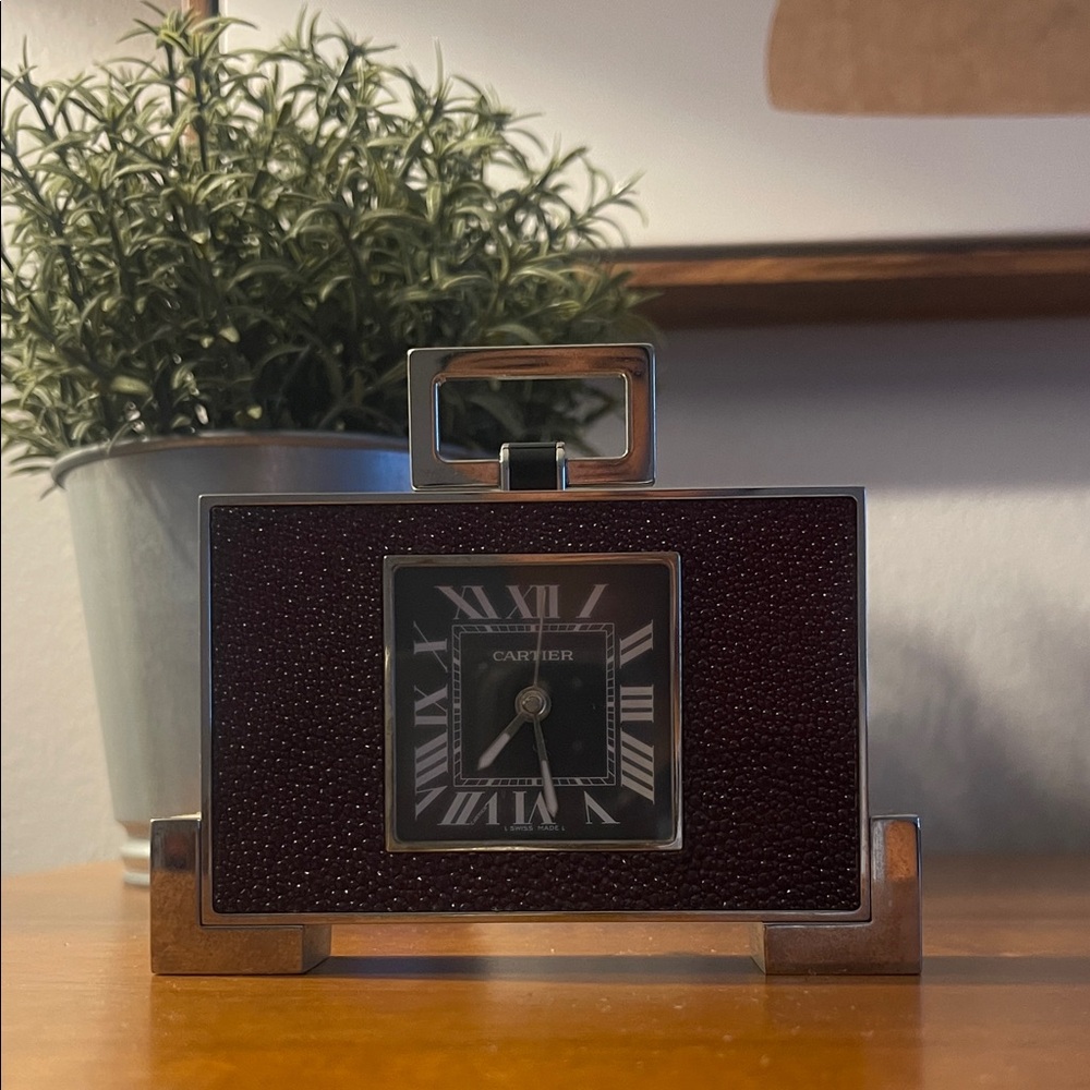 CARTIER SHAGREEN & STEEL ART DECO STYLE ALARM DESK CLOCK MINT 100% GENUINE RARE